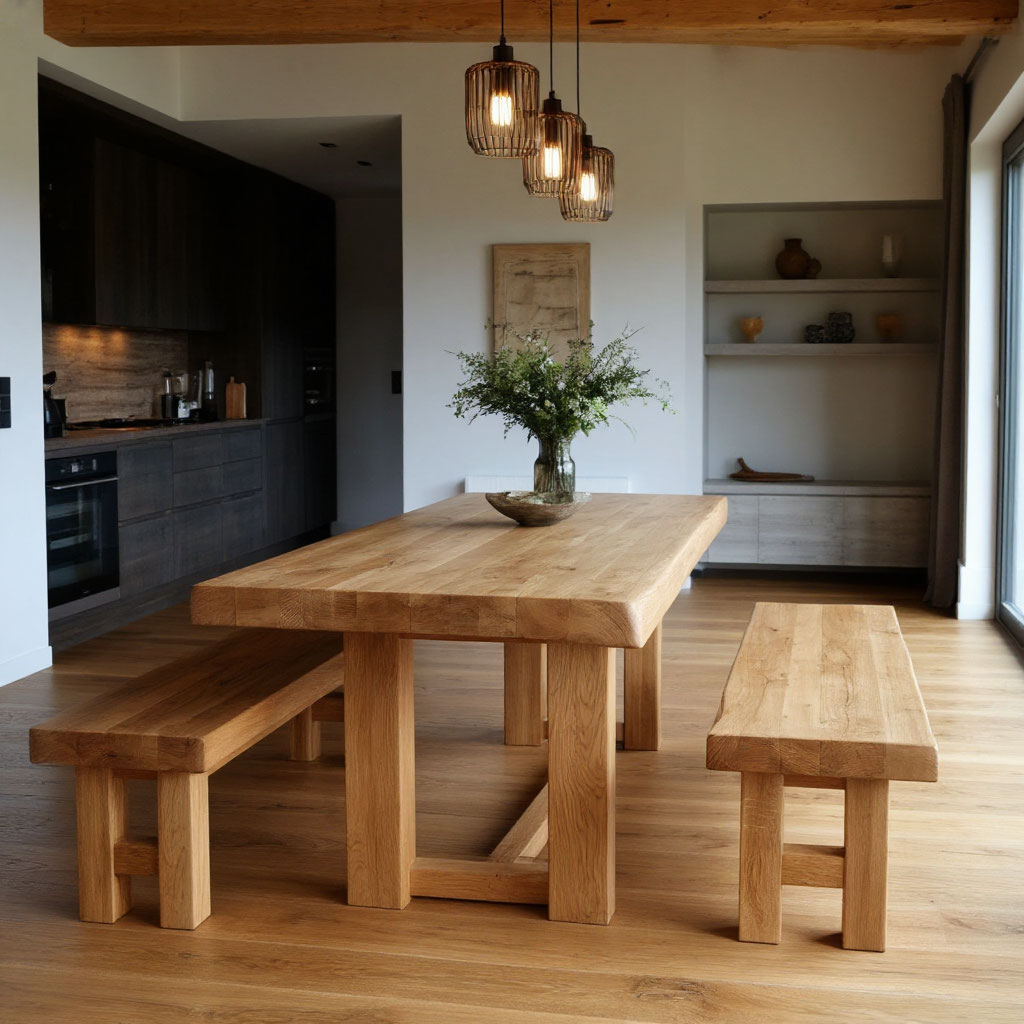 Mobilier artisanal en bois massif - Table en chêne dans un intérieur contemporain