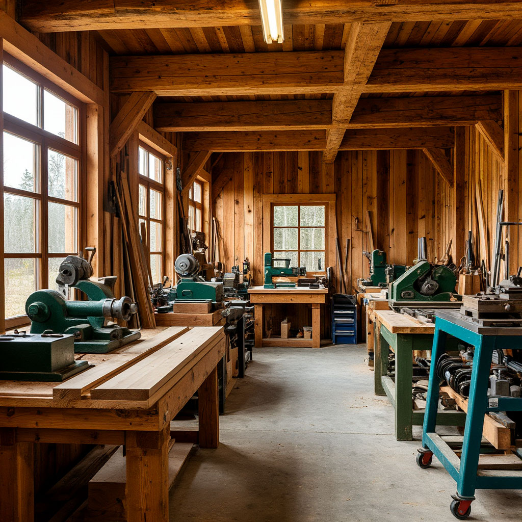 Intérieur de l'atelier Maison du Bois - Outils et machines de travail du bois